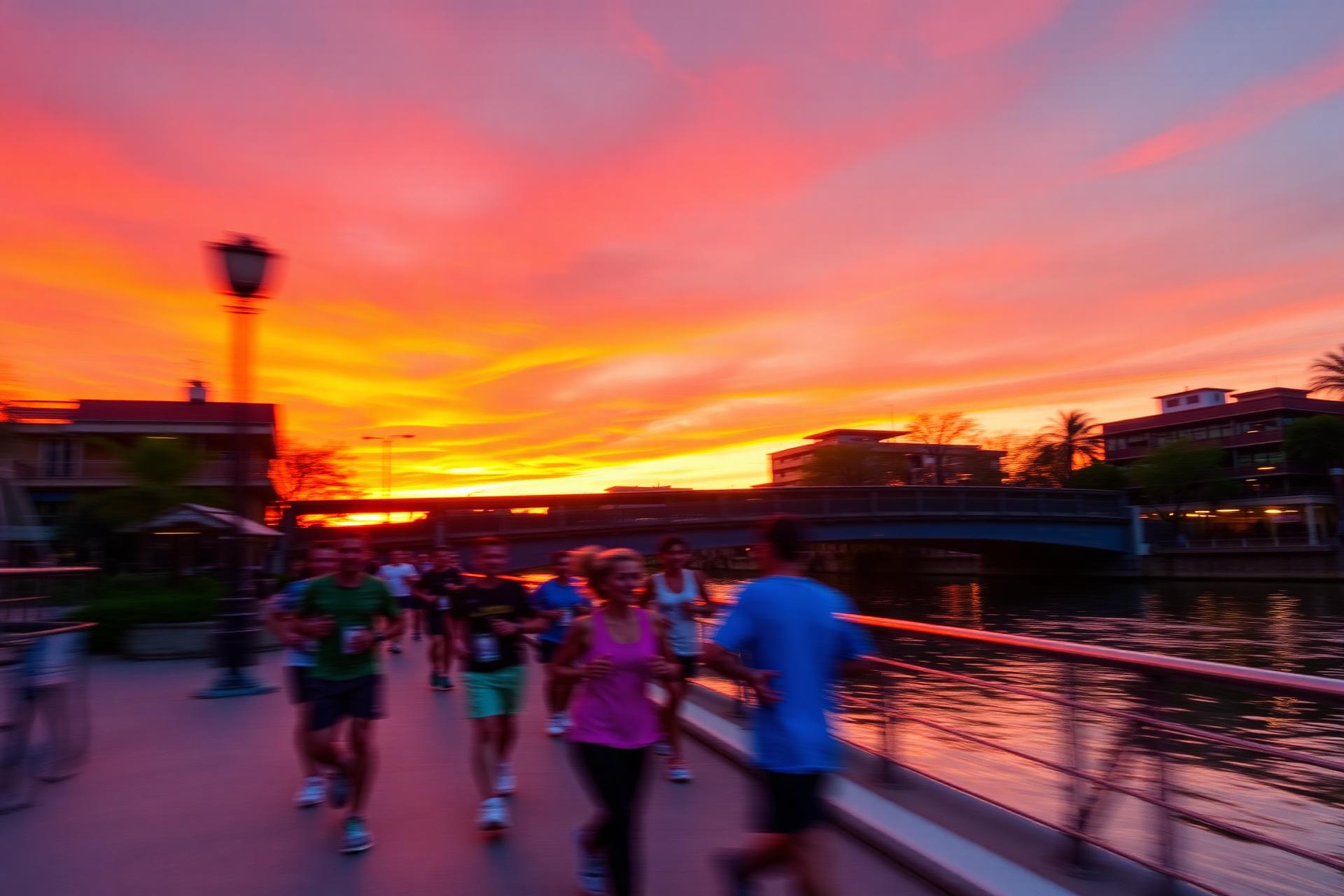 Runners at sunset on the San Antonio River Walk